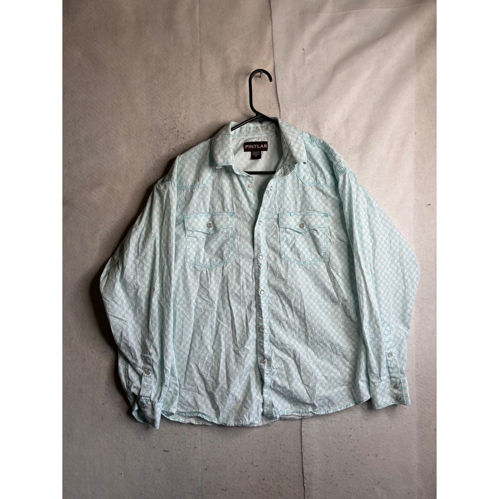 Pintlar Mens XL Western Pearl Snap Shirt Teal White Geometric Floral Cotton 6731